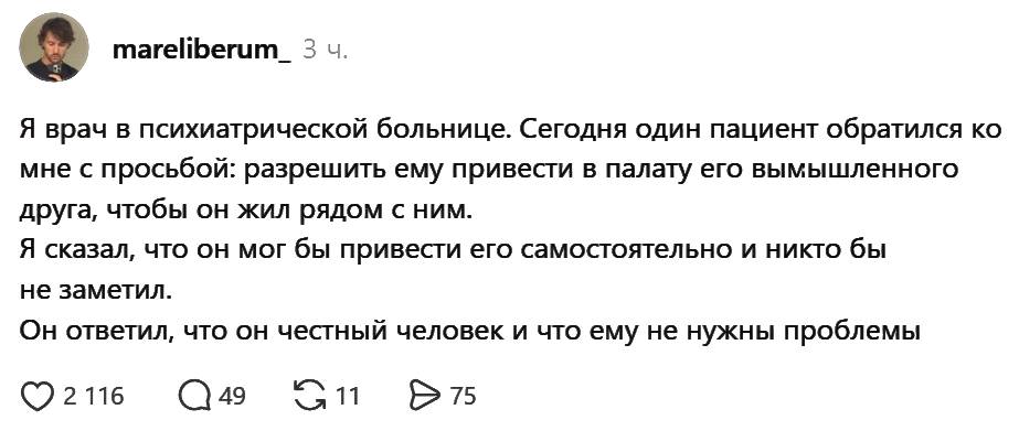 Я врач в психиатрической больнице. Сегодня один пациент обратился ко мне с просьбой разрешить ему привести в палату его вымышленного друга, чтобы он жил рядом с ним. Я сказал, что он мог бы привести его самостоятельно и никто бы не заметил. Он ответил, что он честный человек и что ему не нужны проблемы.