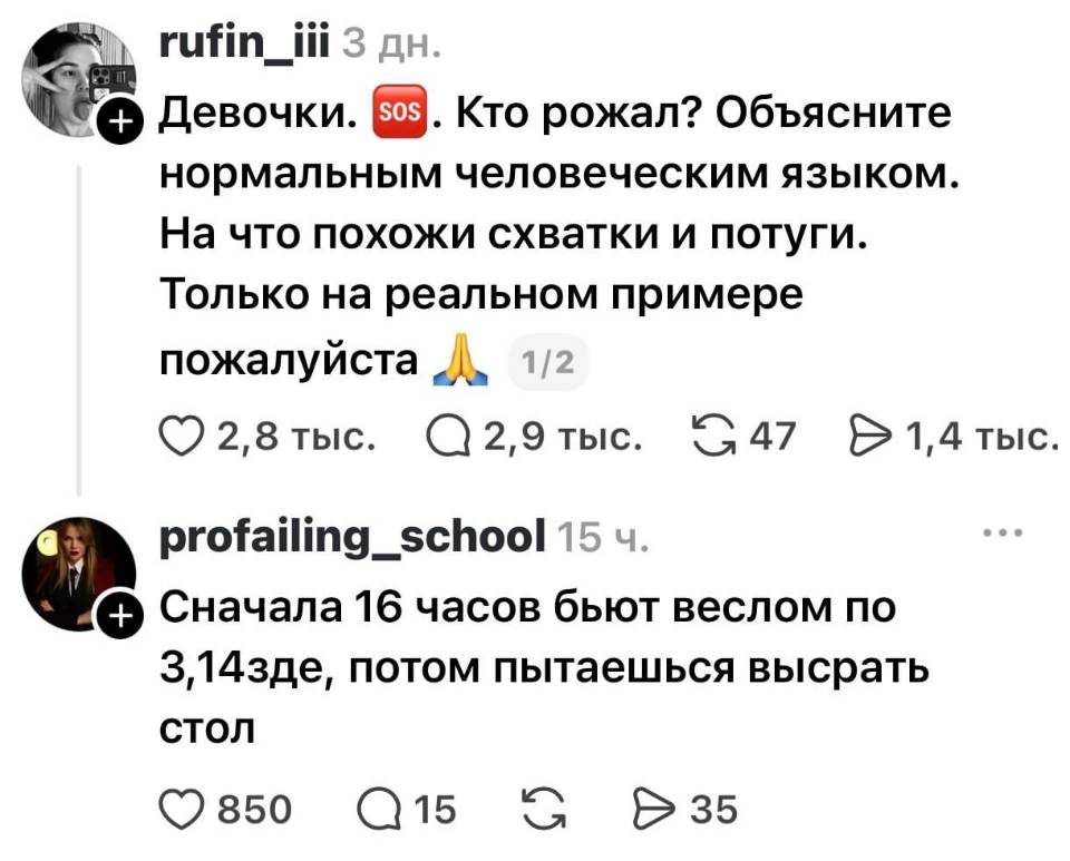 – Девочки. Кто рожал? Объясните нормальным человеческим языком. На что похожи схватки и потуги. Только на реальном примере пожалуйста.
– Сначала 16 часов бьют веслом по Зl4зде, потом пытаешься высрать стол.
