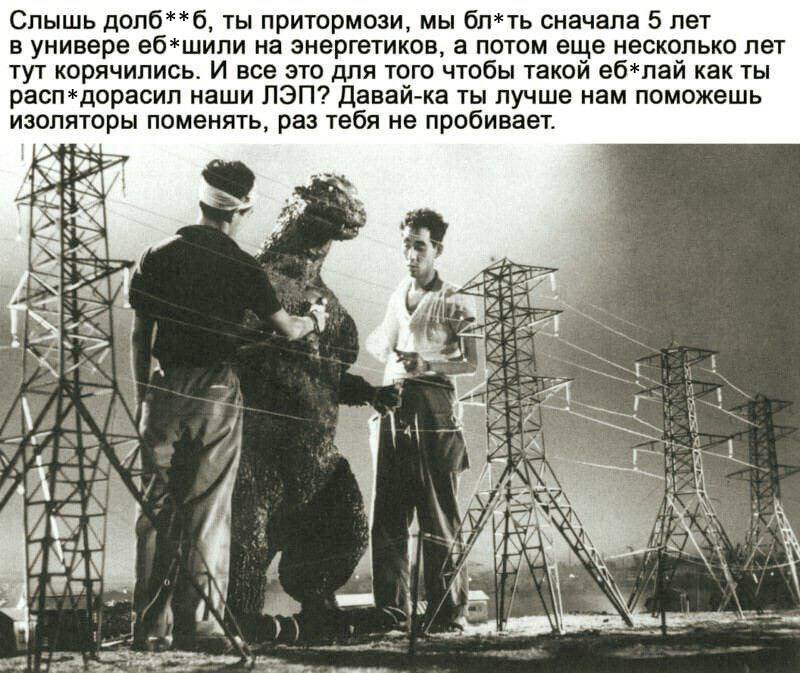 Слышь долб**б, ты притормози, мы бл*ть сначала 5 лет в универе еб*шили на энергетиков, а потом еще несколько лет тут корячились. И все это для того чтобы такой еб*лай как ты расп*дорасил наши ЛЭП? Давай-ка ты лучше нам поможешь изоляторы поменять, раз тебя не пробивает.