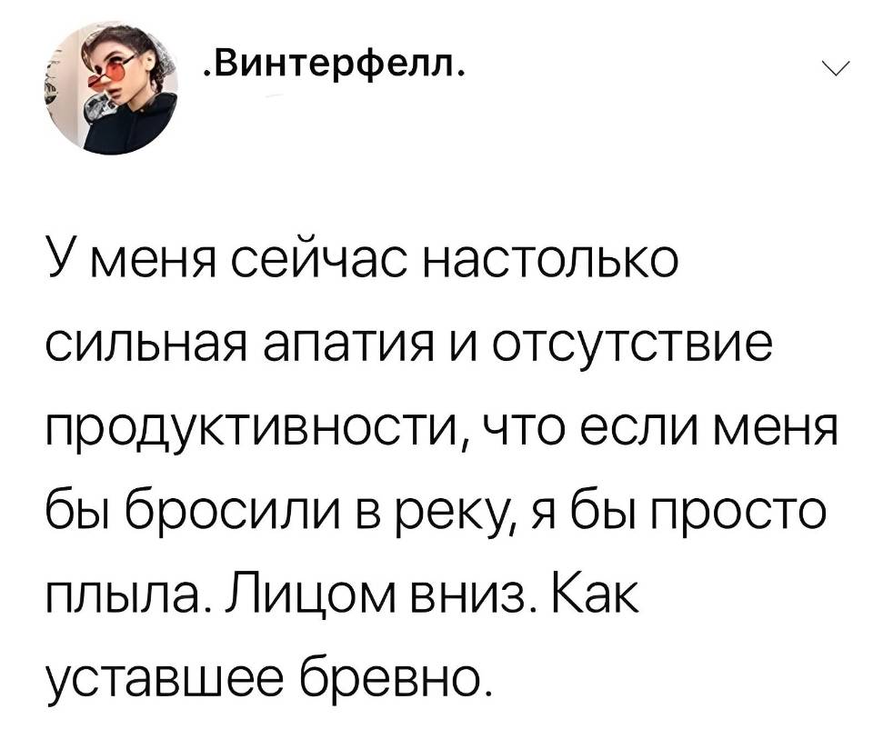 У меня сейчас настолько сильная апатия и отсутствие продуктивности, что если меня бы бросили в реку, я бы просто плыла. Лицом вниз. Как уставшее бревно.