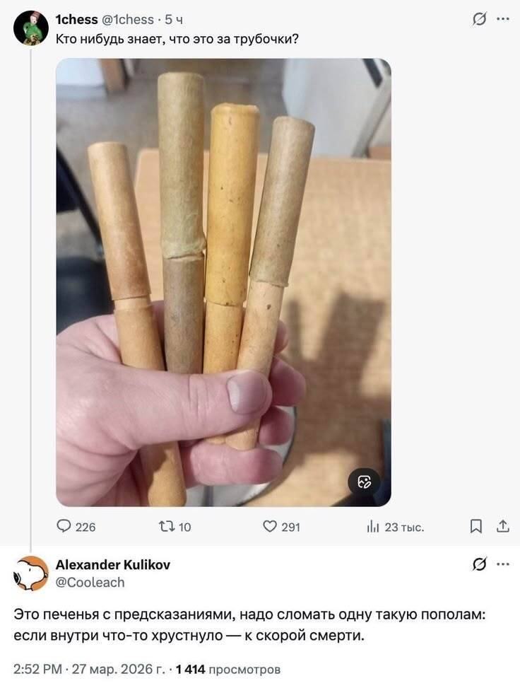 – Кто-нибудь знает, что это за трубочки?
– Это печенья с предсказаниями, надо сломать одну такую пополам: если внутри что-то хрустнуло — к скорой смерти.