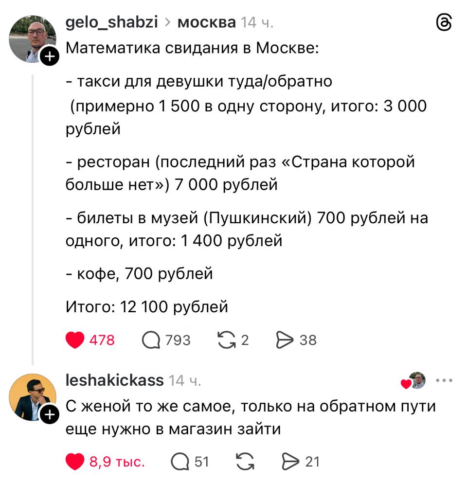 – Математика свидания в Москве: – такси для девушки туда/обратно (примерно 1 500 в одну сторону, итого: 3 000 рублей – ресторан (последний раз «Страна которой больше нет») 7 000 рублей – билеты в музей (Пушкинский) 700 рублей на одного, итого: 1 400 рублей – кофе, 700 рублей Итого: 12 100 рублей.
– С женой то же самое, только на обратном пути еще нужно в магазин зайти.
