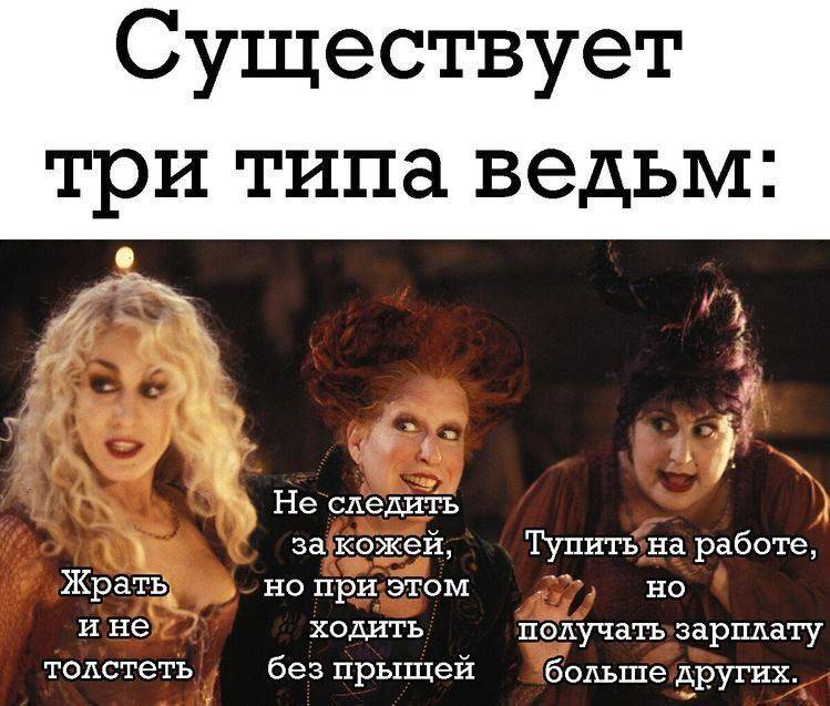 Существует три типа ведьм:
*Жрать и не толстеть*
*Не следить за кожей, но при этом ходить без прыщей*
*Тупить на работе, но при этом получать зарплату больше других*