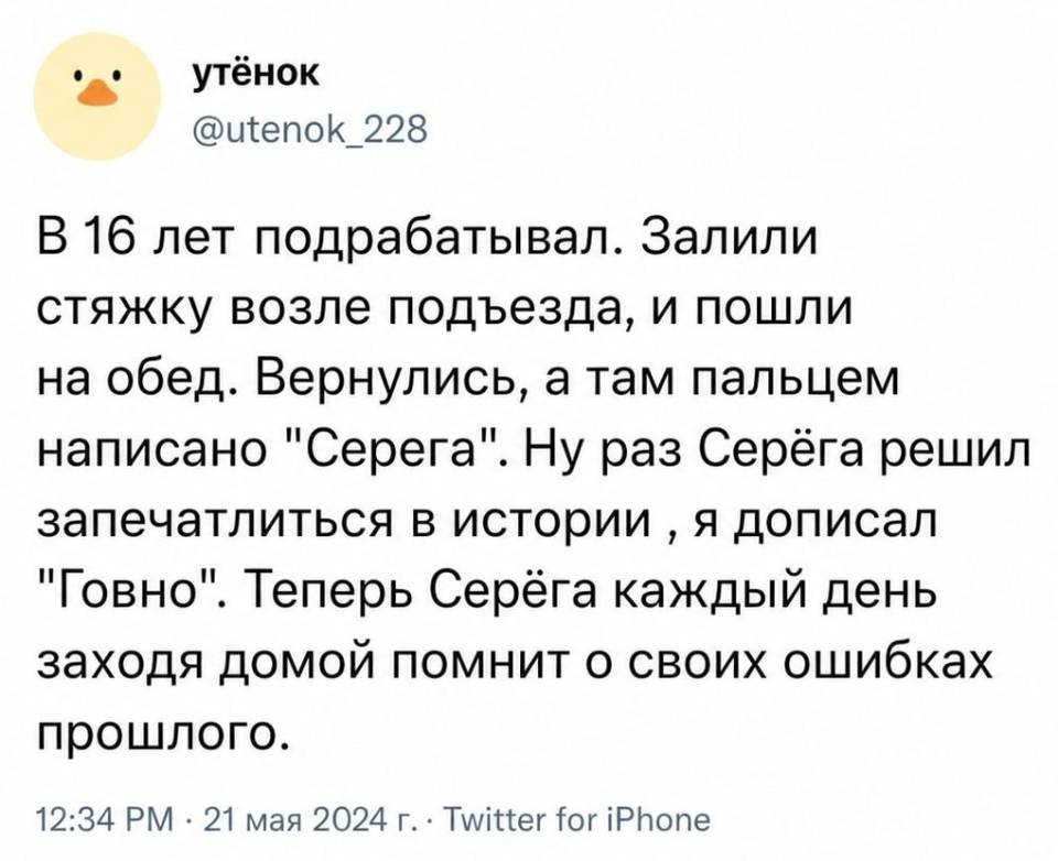 В 16 лет подрабатывал. Залили стяжку возле подъезда, и пошли на обед. Вернулись, а там пальцем написано «Серега». Ну раз Серёга решил запечатлиться в истории я дописал «Говно». Теперь Серёга каждый день заходя домой помнит о своих ошибках прошлого. | Профессиональный юмор