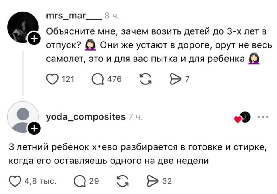 – Объясните мне, зачем возить детей до з-х лет в отпуск? Они же устают в дороге, орут не весь самолет, это и для вас пытка и для ребенка.
– 3 летний ребенок х*ево разбирается в готовке и стирке, когда его оставляешь одного на две недели.