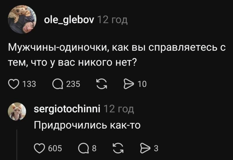 – Мужчины-одиночки, как вы справляетесь с тем, что у вас никого нет?
– Придрочились как-то...