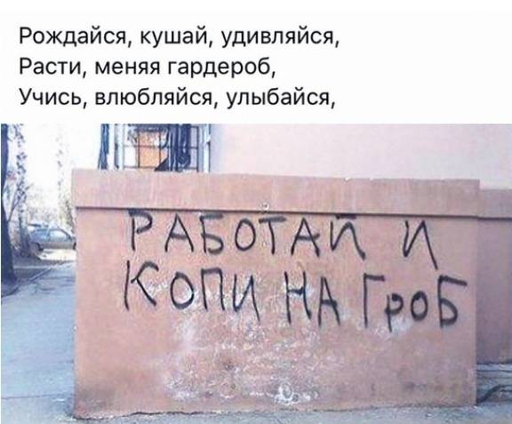 Рождайся, кушай, удивляйся,
Расти, меняя гардероб,
Учись, влюбляйся, улыбайся,
Работай и копи на гроб