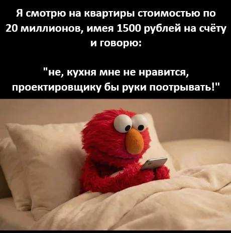 Я смотрю на квартиры стоимостью по 20 миллионов, имея 1500 рублей на счёту и говорю: «Не, кухня мне не нравится, проектировщику бы руки поотрывать!»