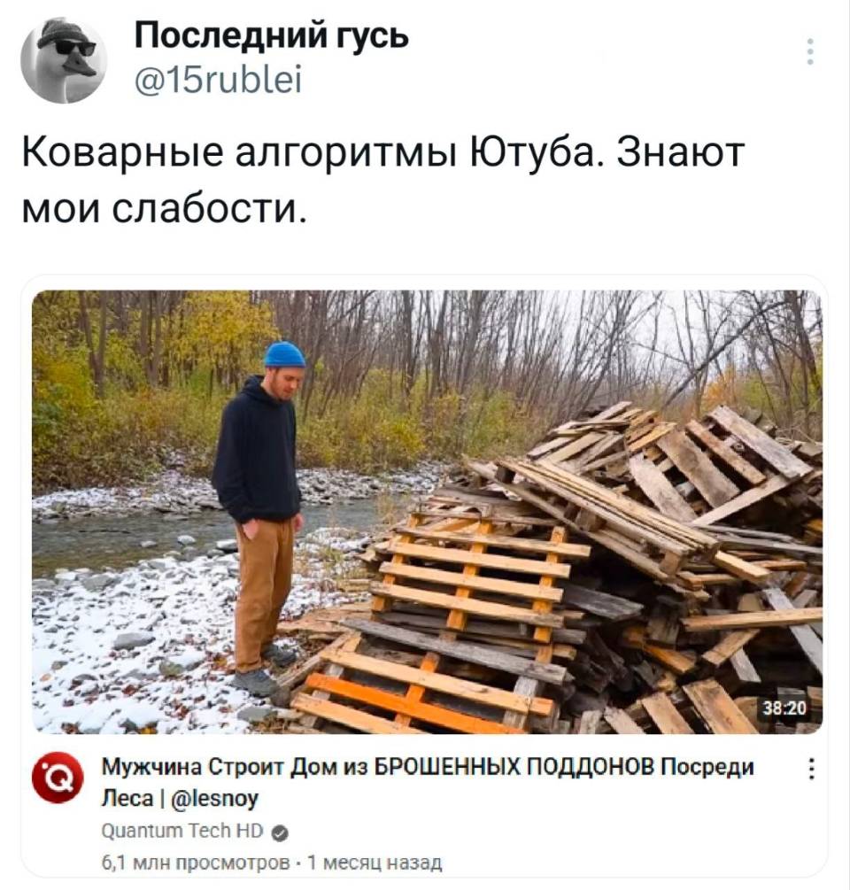 Коварные алгоритмы Ютуба. Знают мои слабости.
*Мужчина Строит Дом из БРОШЕННЫХ ПОДДОНОВ Посреди Леса*