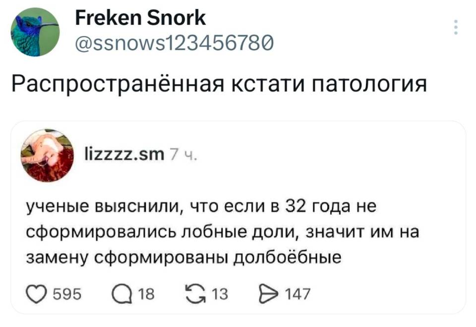Учёные выяснили, что если в 32 года не сформировались лобные доли, значит им на замену сформированы долбоёбные.
Распространённая кстати патология.