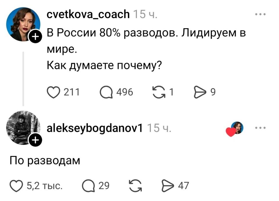 – В России во разводов. Лидируем в мире. Как думаете почему?
– По разводам.