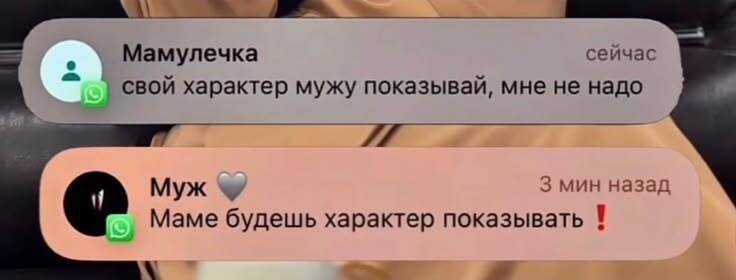 Мамулечка сейчас:
– Свой характер мужу показывай, мне не надо.
Муж З мин назад:
– Маме будешь характер показывать !