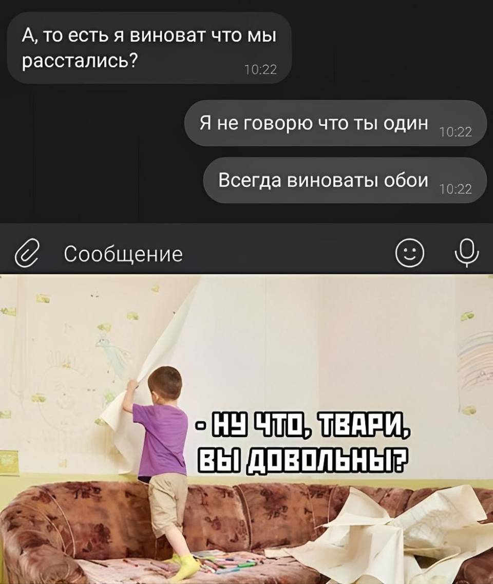 – А, то есть я виноват что мы расстались?
– Я не говорю что ты один. Всегда виноваты обои.