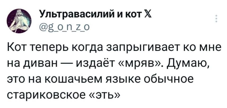 Кот теперь когда запрыгивает ко мне на диван — издаёт «мряв». Думаю, это на кошачьем языке обычное стариковское «эть».