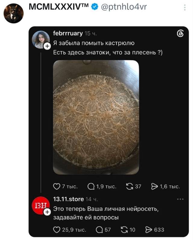 – Я забыла помыть кастрюлю. Есть здесь знатоки, что за плесень ?)
– Это теперь Ваша личная нейросеть, задавайте ей вопросы.