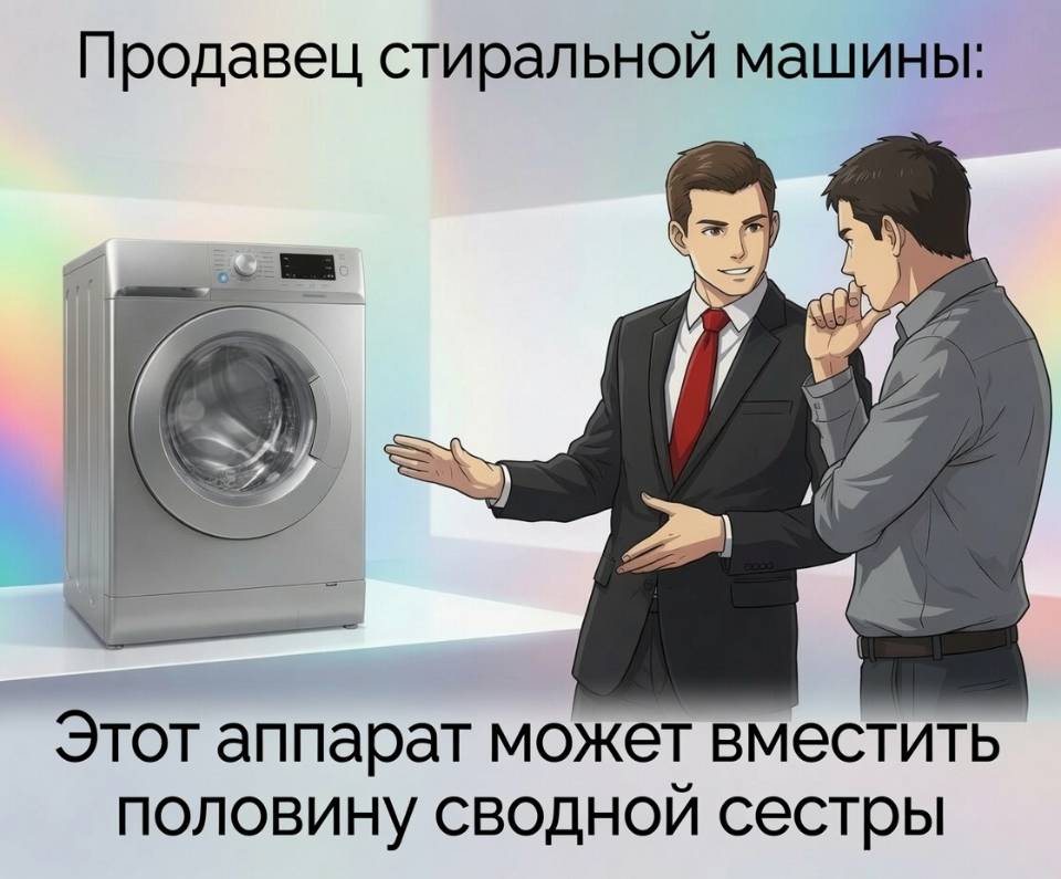 Продавец стиральной машины:
– Этот аппарат может вместить половину сводной сестры.