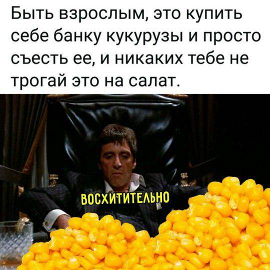 Быть взрослым, это купить себе банку кукурузы и просто съесть её, и никаких тебе не трогай это на салат.
