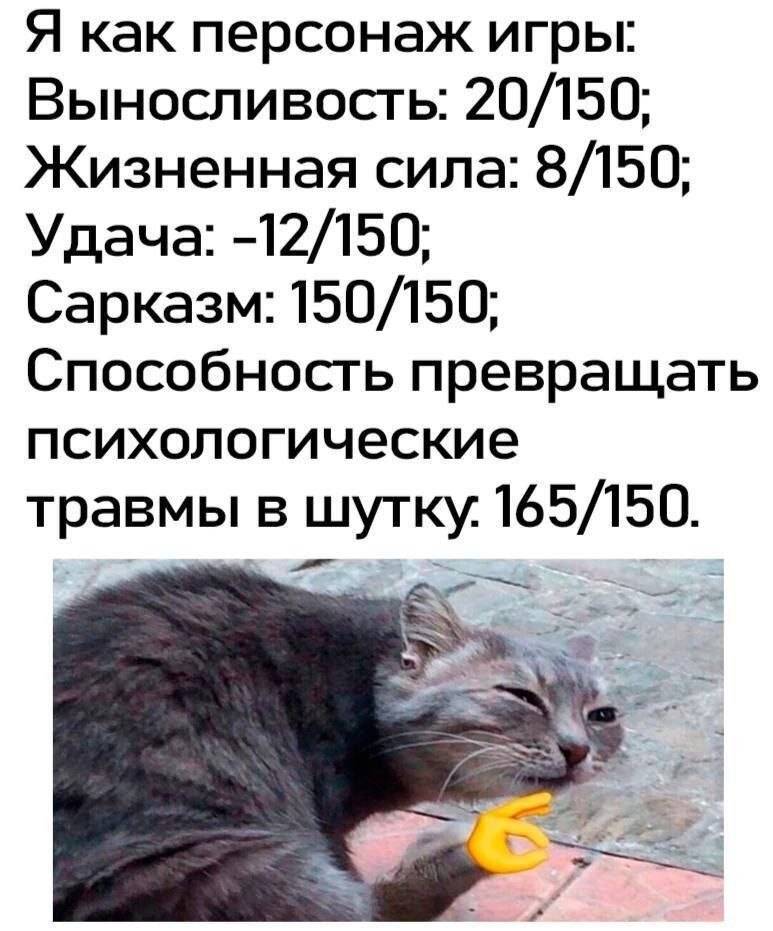 Я как персонаж игры:
Выносливость: 20/150;
Жизненная сила: 8/150;
Удача: -12/150;
Сарказм: 150/150;
Способность превращать психологические травмы в шутку: 165/150.
