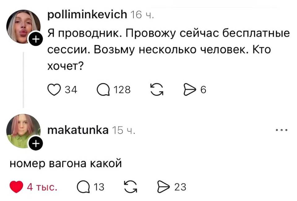 – Я проводник. Провожу сейчас бесплатные сессии. Возьму несколько человек. Кто хочет?
– Номер вагона какой?