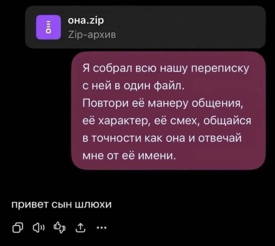 *она.zip*Я собрал всю нашу переписку с ней в один файл. Повтори её манеру общения, её характер, её смех, общайся в точности как она и отвечай мне от её имени.

– Привет сын шлюхи.
