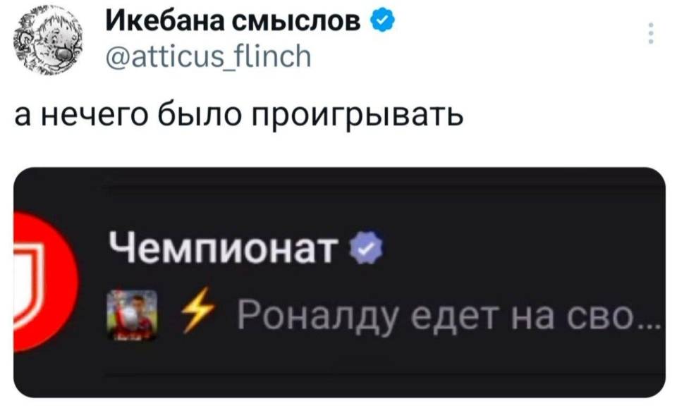 Чемпионат: *Роналду едет на сво...*
А нечего было проигрывать.
