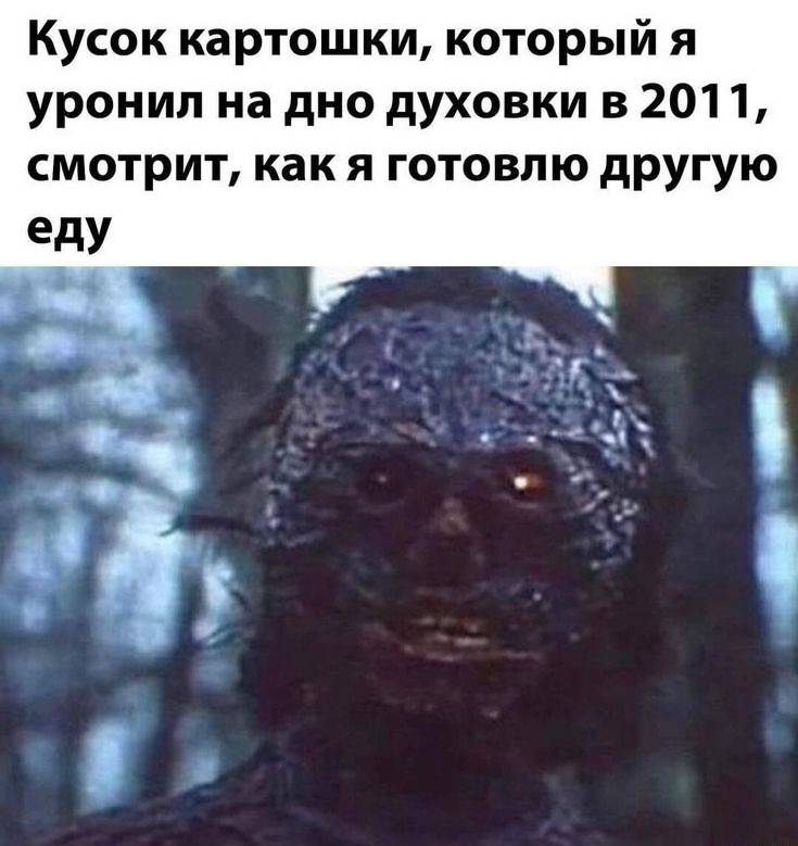 Кусок картошки, который я уронил на дно духовки в 2011, смотрит, как я готовлю другую еду.