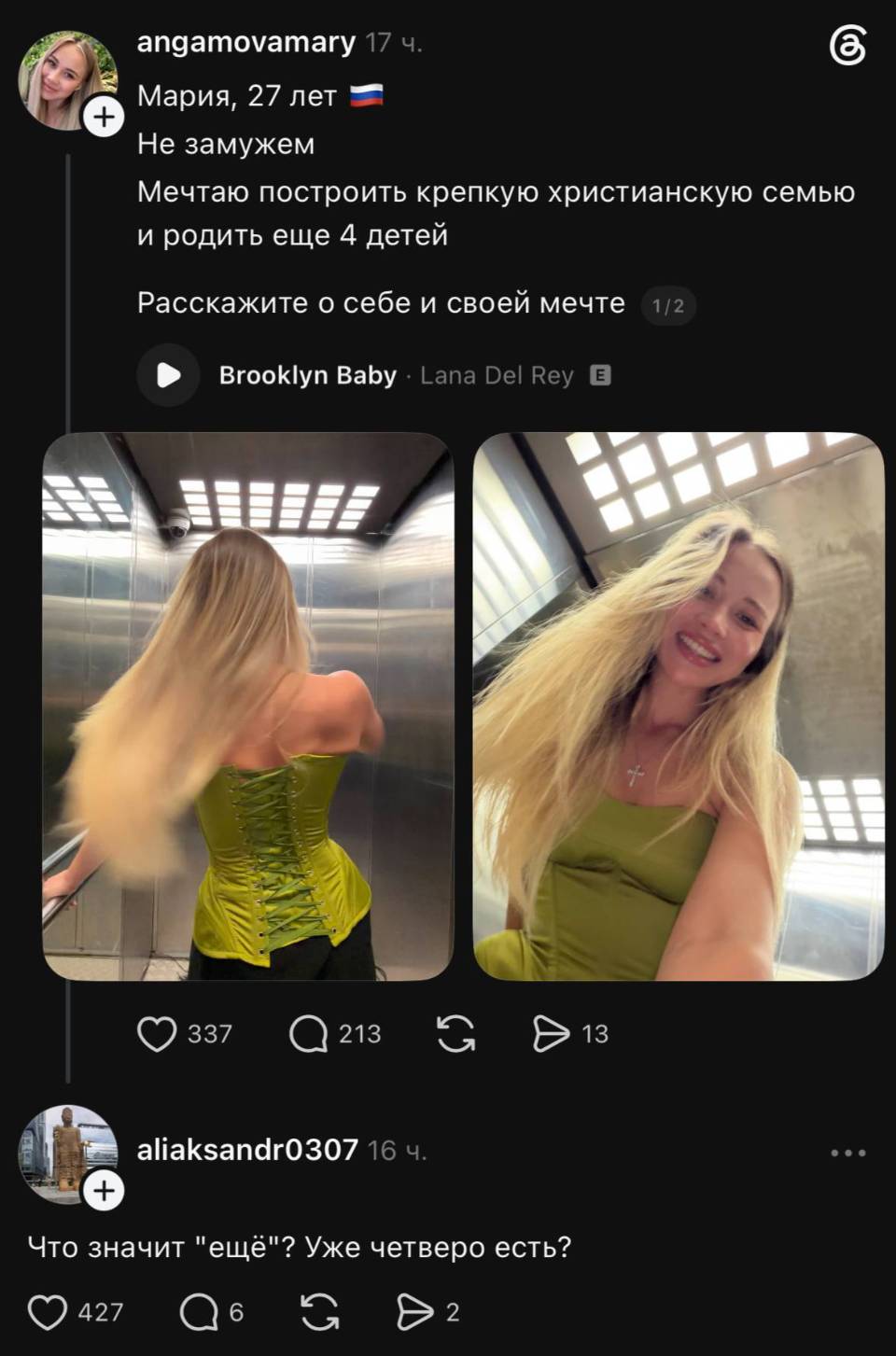 – Мария, 27 лет. Не замужем. Мечтаю построить крепкую христианскую семью и родить еще 4 детей. Расскажите о себе и своей мечте.
– Что значит «ещё»? Уже четверо есть?