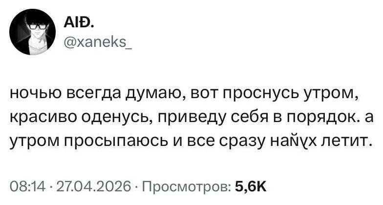 Ночью всегда думаю, вот проснусь утром, красиво оденусь, приведу себя в порядок. а утром просыпаюсь и все сразу нах*й летит.