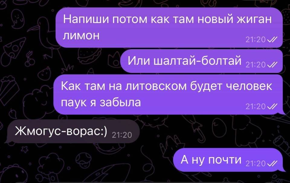 – Напиши потом как там новый жиган лимон. Или шалтай-болтай. Как там на литовском будет человек паук, я забыла.
– Жмогус-ворас.
– А, ну почти.