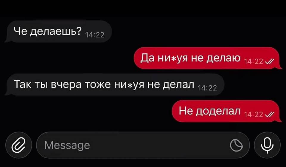 – Че делаешь?
– Да ни*уя не делаю
– Так ты вчера тоже ни*уя не делал?
– Не доделал.