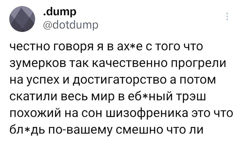 Честно говоря, я в ах*е с того, что зумерков так качественно прогрели на успех и достигаторство, а потом скатили весь мир в еб*ный трэш похожий на сон шизофреника, это что, бл *дь, по-вашему смешно что ли?