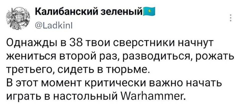 Однажды в 38 твои сверстники начнут жениться второй раз, разводиться, рожать третьего, сидеть в тюрьме. В этот момент критически важно начать играть в настольный Warhammer.