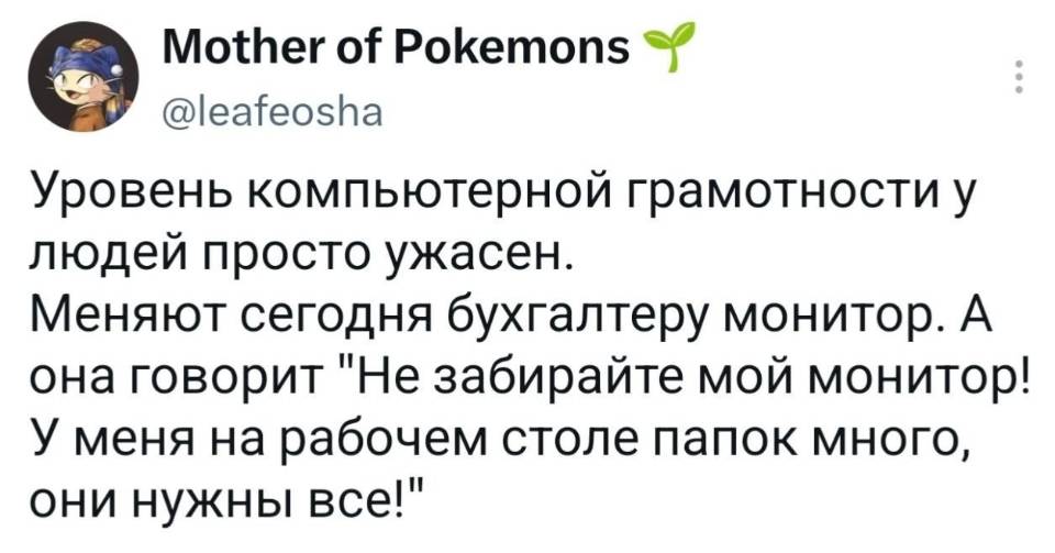 Уровень компьютерной грамотности у людей просто ужасен. Меняют сегодня бухгалтеру монитор. А она говорит Не забирайте мой монитор! У меня на рабочем столе папок много, они нужны все!