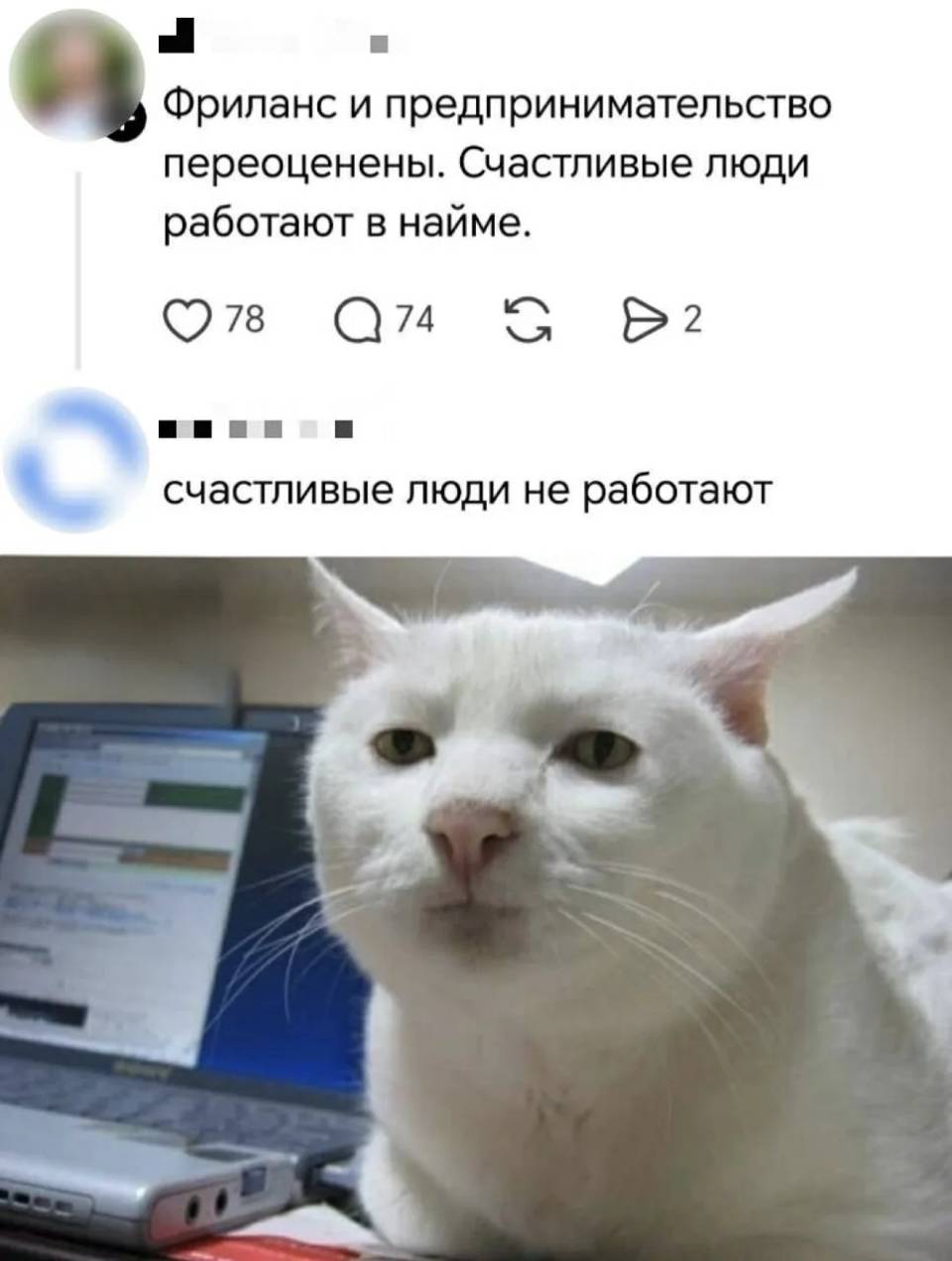 – Фриланс и предпринимательство переоценены. Счастливые люди работают в найме. 
– Счастливые люди не работают.