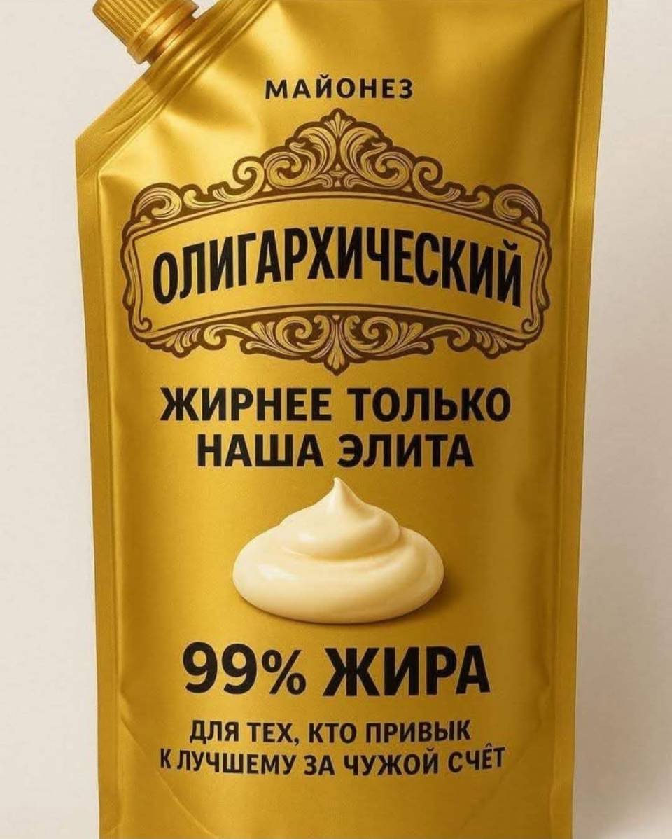 МАЙОНЕЗ
ОЛИГАРХИЧЕСКИЙ
ЖИРНЕЕ ТОЛЬКО
НАША ЭЛИТА
99% ЖИРА
ДЛЯ ТЕХ, КТО ПРИВЫК К ЛУЧШЕМУ ЗА ЧУЖОЙ СЧЁТ