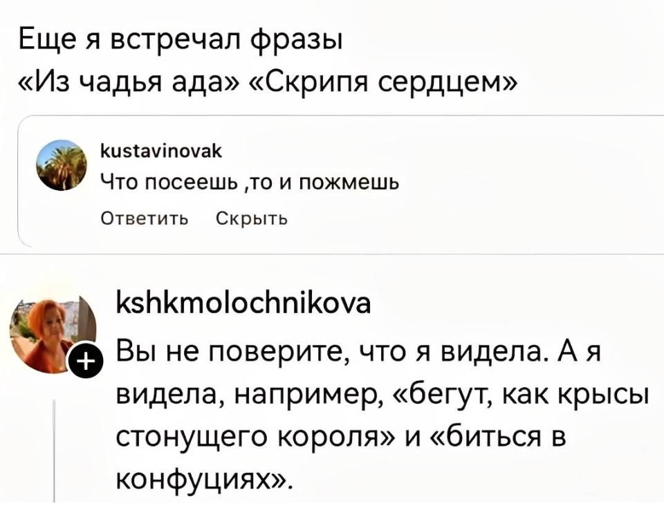 – Ещё я встречал фразы «Из чадья ада» «Скрипя сердцем»
– Что посеешь, то и пожмешь.
– Вы не поверите, что я видела. А я видела, например, «бегут, как крысы стонущего короля» и «биться в конфуциях».