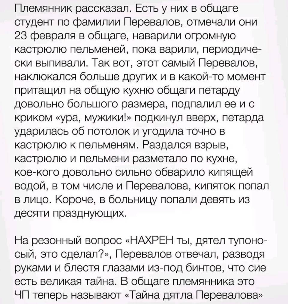 Племянник рассказал. Есть у них в общаге студент по фамилии Перевалов, отмечали они 23 февраля в общаге, наварили огромную кастрюлю пельменей, пока варили, периодически выпивали. Так вот, этот самый Перевалов, наклюкался больше других и в какой-то момент притащил на общую кухню общаги петарду довольно большого размера, подпалил ее и с криком «ура, мужики!» подкинул вверх, петарда ударилась об потолок и угодила точно в кастрюлю к пельменям. Раздался взрыв, кастрюлю и пельмени разметало по кухне, кое-кого довольно сильно обварило кипящей водой, в том числе и Перевалова, кипяток попал в лицо. Короче, в больницу попали девять из десяти празднующих. На резонный вопрос «НАХРЕН ты, дятел тупоносый, это сделал?», Перевалов отвечал, разводя руками и блестя глазами из-под бинтов, что сие есть великая тайна. В общаге племянника это ЧП теперь называют «Тайна дятла Перевалова».