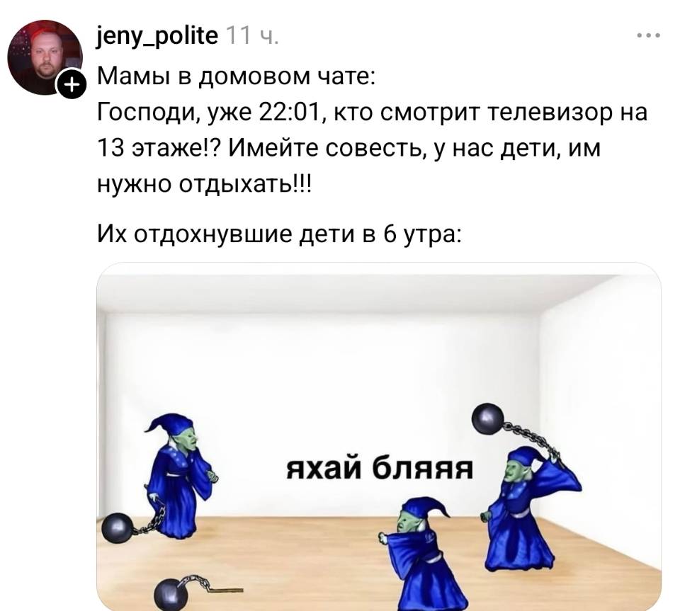 Мамы в домовом чате: Господи, уже 22:01, кто смотрит телевизор на 13 этаже!? Имейте совесть, у нас дети, им нужно отдыхать!!!
Их отдохнувшие дети в 6 утра: *Аааахаляй блллл!*