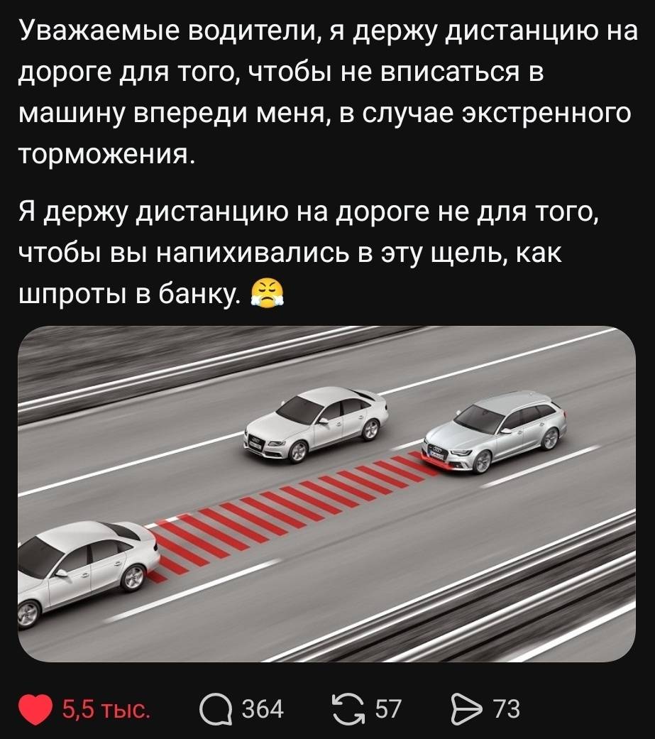 Уважаемые водители, я держу дистанцию на дороге для того, чтобы не вписаться в машину впереди меня, в случае экстренного торможения. Я держу дистанцию на дороге не для того, чтобы вы напихивались в эту щель, как шпроты в банку.