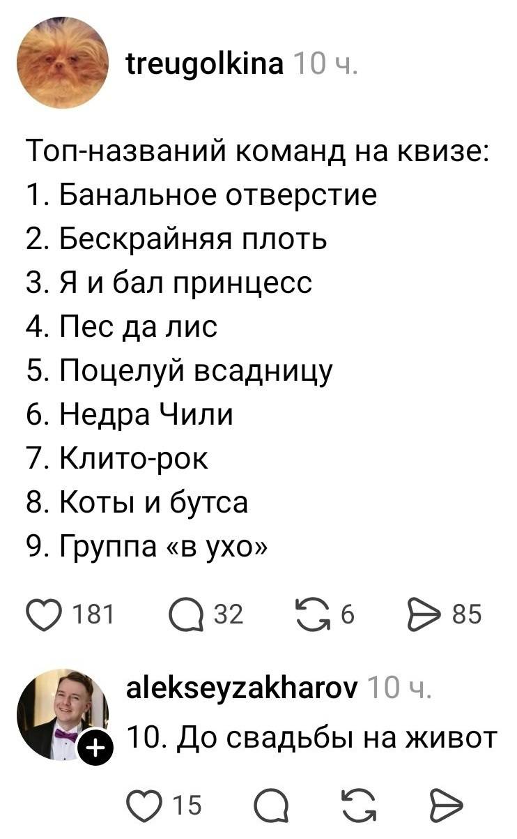 Топ-названий команд на квизе:
1. Банальное отверстие
2. Бескрайняя плоть
З. Я и бал принцесс
4. Пес да лис
5. Поцелуй всадницу
6. Недра Чили
7. Клито-рок
8. Коты и бутса
9. Группа «в ухо»
10. До свадьбы на живот