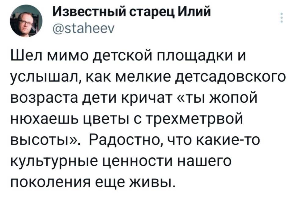 Шёл мимо детской площадки и услышал, как мелкие детсадовского возраста дети кричат «ты жопой нюхаешь цветы с трёхметровой высоты». Радостно, что какие-то культурные ценности нашего поколения еще живы.
