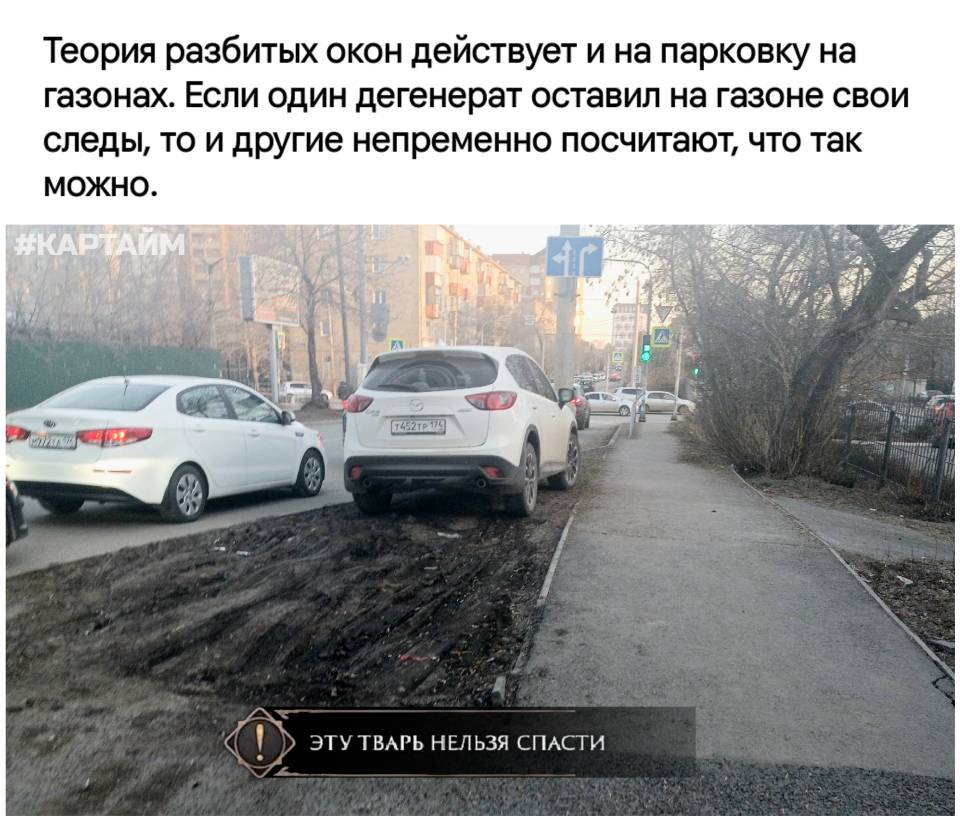 Теория разбитых окон действует и на парковку на газонах. Если один дегенерат оставил на газоне свои следы, то и другие непременно посчитают, что так можно.
*ЭТУ ТВАРЬ НЕ СПАСТИ*