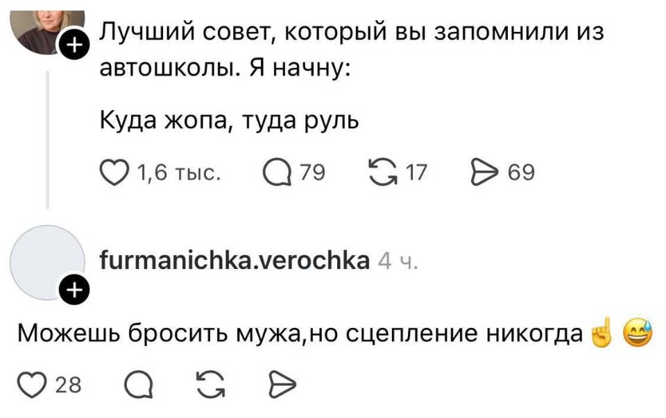 – Лучший совет, который вы запомнили из автошколы. Я начну: Куда жопа, туда руль
– Можешь бросить мужа, но сцепление никогда.