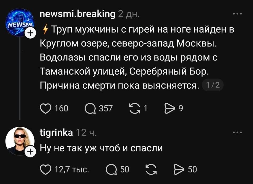 – Труп мужчины с гирей на ноге найден в Круглом озере, северо-запад Москвы. Водолазы спасли его из воды рядом с Таманской улицей, Серебряный Бор. Причина смерти пока выясняется.
– Ну не так уж чтоб и спасли.
