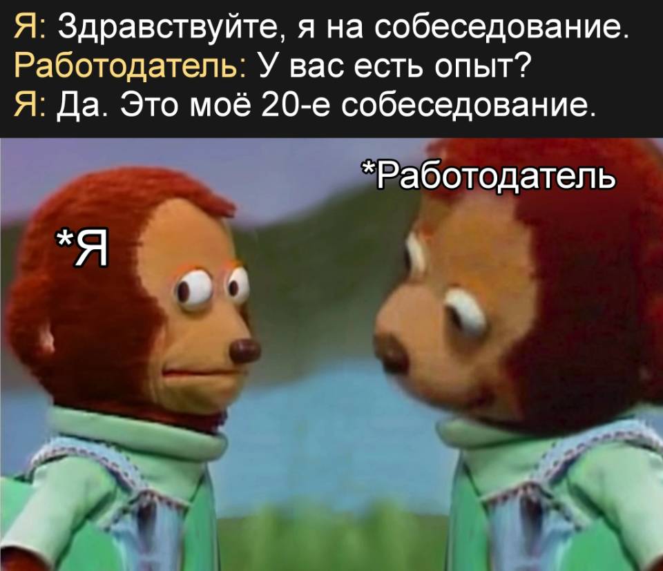 Я: Здравствуйте, я на собеседование.
Работодатель: У вас есть опыт?
Я: Да. Это моё 20-е собеседование.