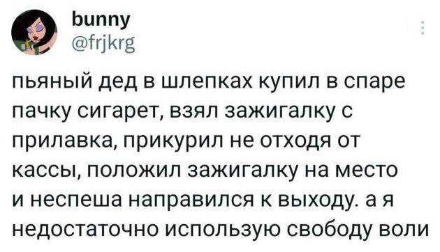 Пьяный дед в шлепках купил в Спаре пачку сигарет, взял зажигалку с прилавка, прикурил не отходя от кассы, положил зажигалку на место и неспеша направился к выходу. А я недостаточно использую свободу воли.