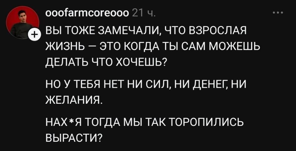 ВЫ ТОЖЕ ЗАМЕЧАЛИ, ЧТО ВЗРОСЛАЯ ЖИЗНЬ — ЭТО КОГДА ТЫ САМ МОЖЕШЬ ДЕЛАТЬ ЧТО ХОЧЕШЬ? НО У ТЕБЯ НЕТ НИ СИЛ, НИ ДЕНЕГ, НИ ЖЕЛАНИЯ. НАХ * Я ТОГДА МЫ ТАК ТОРОПИЛИСЬ ВЫРАСТИ?