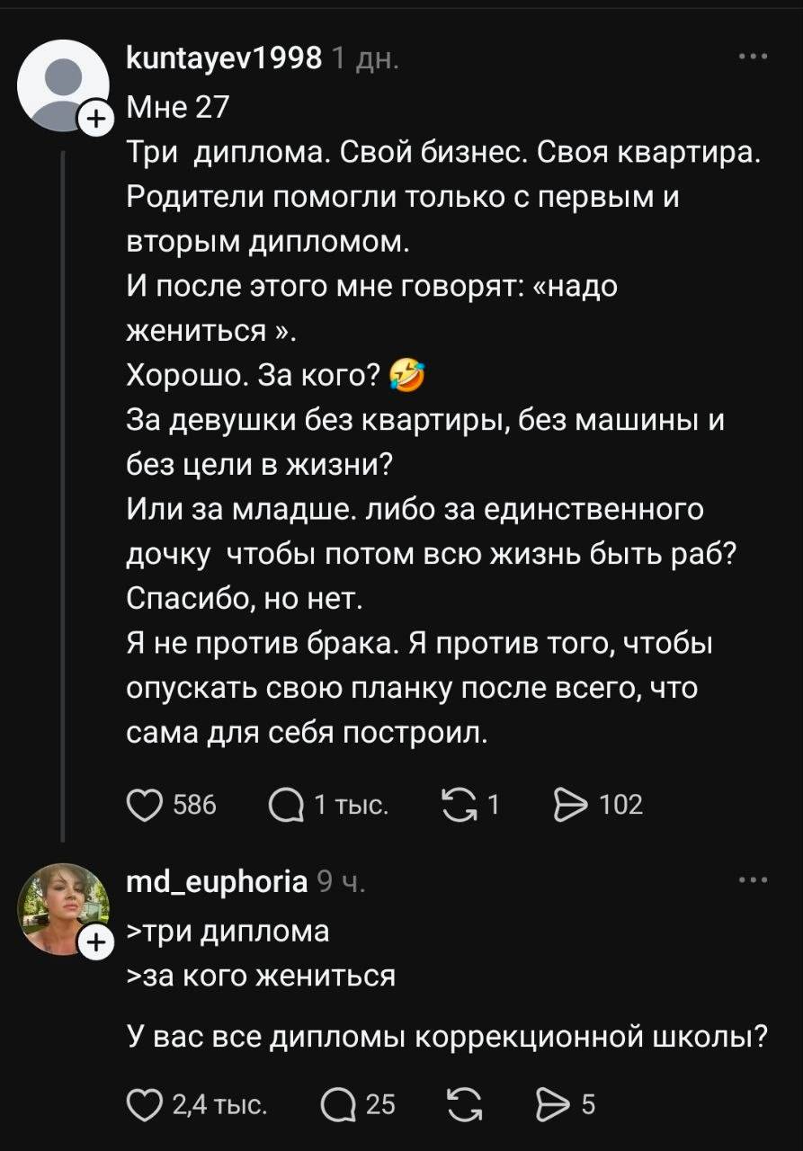 – Мне 27. Три диплома. Свой бизнес. Своя квартира. Родители помогли только с первым и вторым дипломом. И после этого мне говорят: «надо жениться». Хорошо. За кого? За девушки без квартиры, без машины и без цели в жизни? Или за младше. либо за единственного дочку чтобы потом всю жизнь быть раб? Спасибо, но нет. Я не против брака. Я против того, чтобы опускать свою планку после всего, что сама для себя построил.
– У вас все дипломы коррекционной школы?
