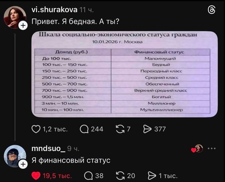 Шкала социально-экономического статуса граждан:
Доход (руб.) — Финансовый статус
до 100 тыс. — Малоимущий
100 тыс. – 150 тыс. — Бедный
150 тыс. – 250 тыс. — Переходный класс
250 тыс. – 500 тыс. — Средний класс
500 тыс. – 700 тыс. — Обеспеченный
700 тыс. – 900 тыс. — Верхний средний класс
900 тыс. – 1,5 млн. — Богатый
3 млн. – 10 млн. — Миллионер
10 млн. – 100 млн. — Мультимиллионер

Комментарии:
– Привет. Я бедная. А ты?
– Я «Финансовый статус».