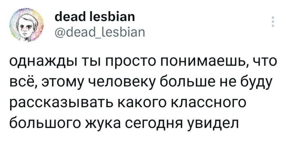 Однажды ты просто понимаешь, что всё — этому человеку больше не расскажешь, какого классного большого жука ты сегодня увидел.